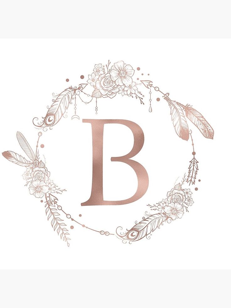 the letter b is surrounded by flowers and feathers