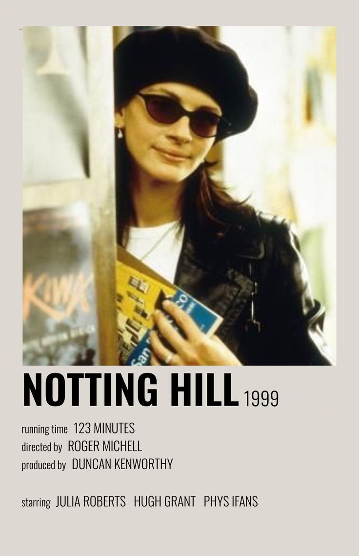 a woman in black hat and sunglasses leaning against a wall with her book titled notting hill 1989