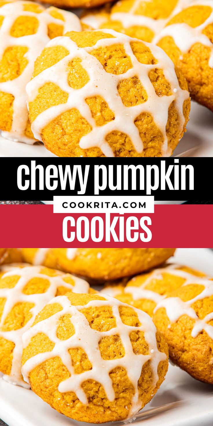 chewy pumpkin cookies with white icing on top and the title above it reads, chewy pumpkin cookies