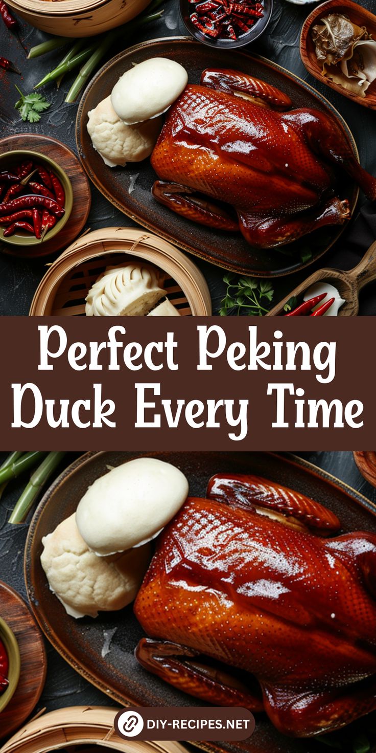 the perfect peking duck every time is ready to be served with sauces and vegetables