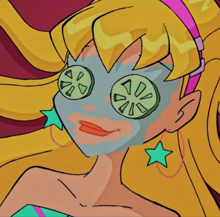 a cartoon girl with face masks on and stars around her eyes is looking at the camera