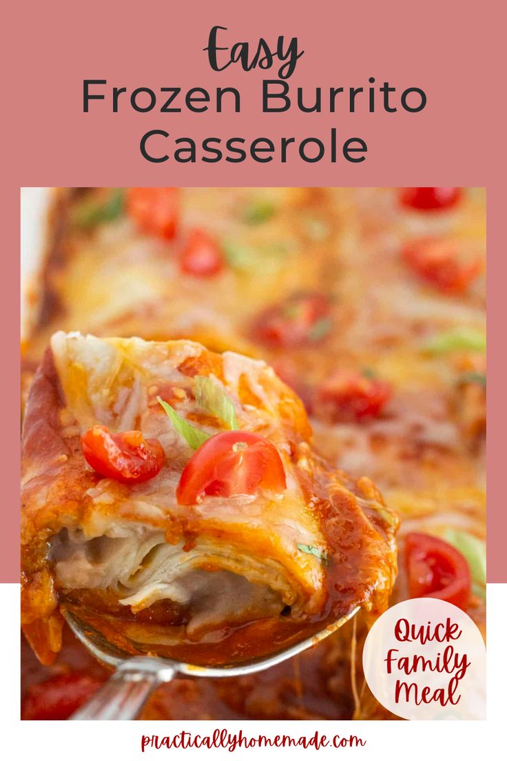 easy frozen burrito casserole recipe on a spoon with the title overlay