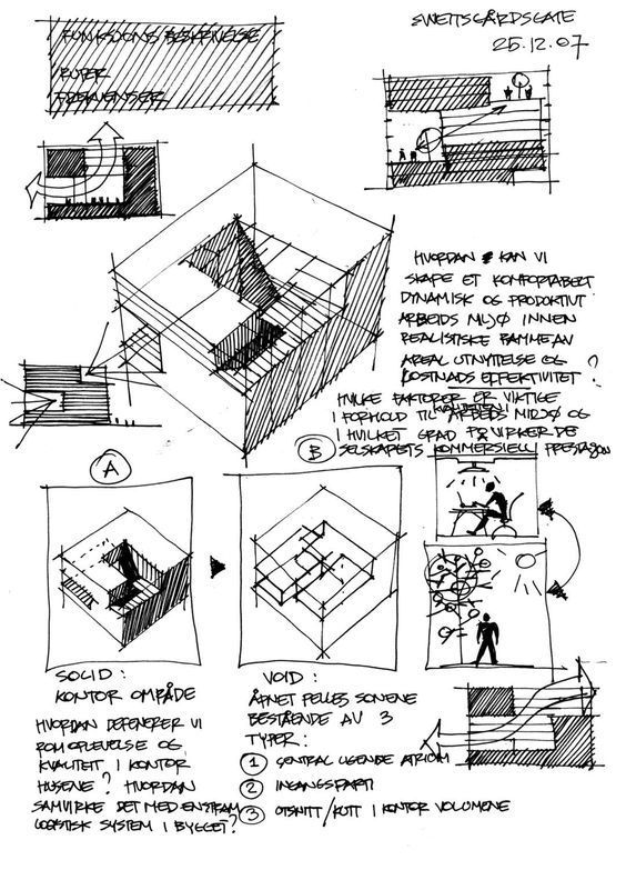 some sketches for an architectural project, including the interior and exterior areas in which people can see