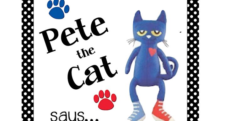 a blue cat with red shoes and paw prints on it's chest stands in front of a white sign that says pete the cat