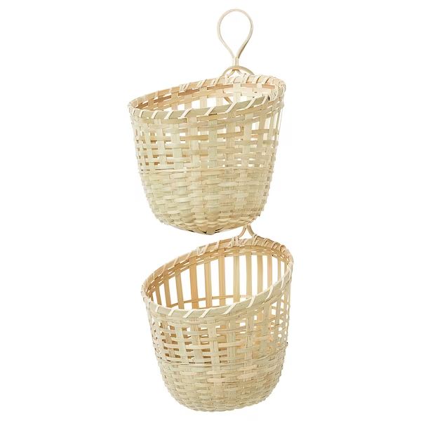 two wicker baskets hanging from the ceiling on white background with clipping for handles