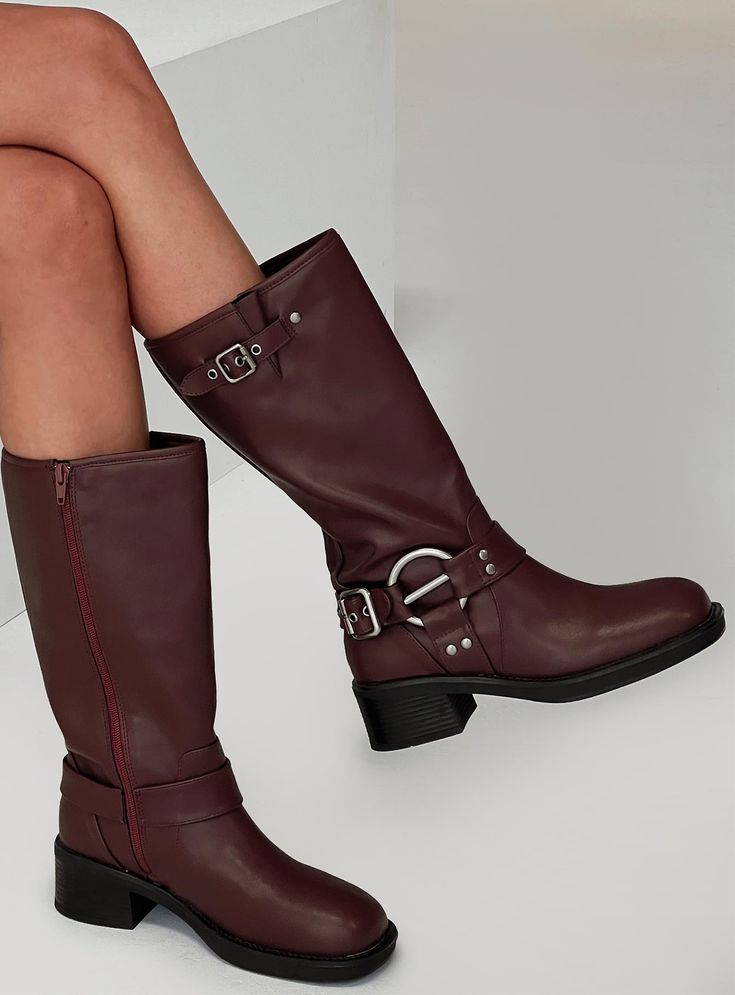 Boots Knee-high, matte material, rounded toe, zip closure, silver-toned buckle detail PU Upper Heel height: 4cm / 1.5in Autumn Shoes 2024, Boston Trip, Autumn Shoes, Colored Boots, Outfit References, Burgundy Boots, Matte Material, Fall Boots, Fall 24