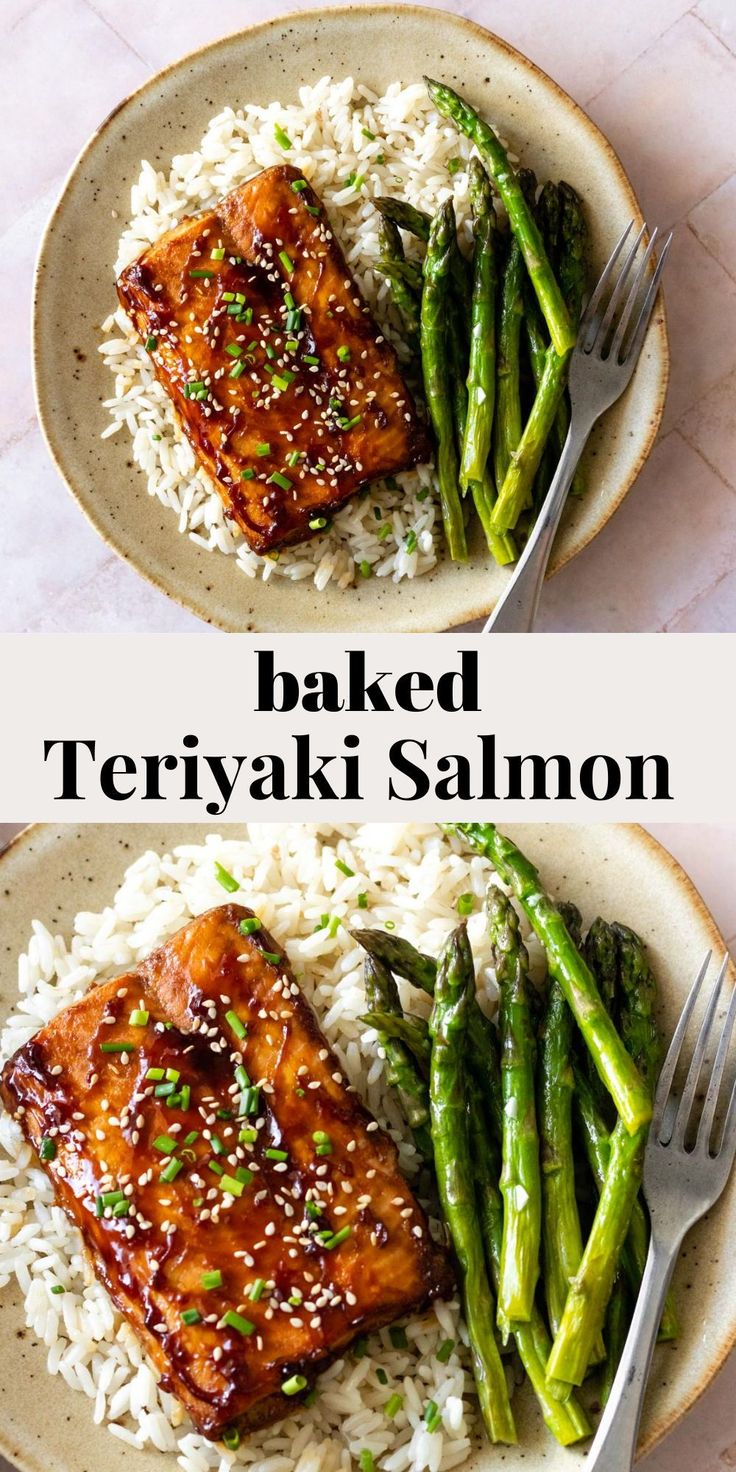 two plates with salmon, rice and asparagus on them