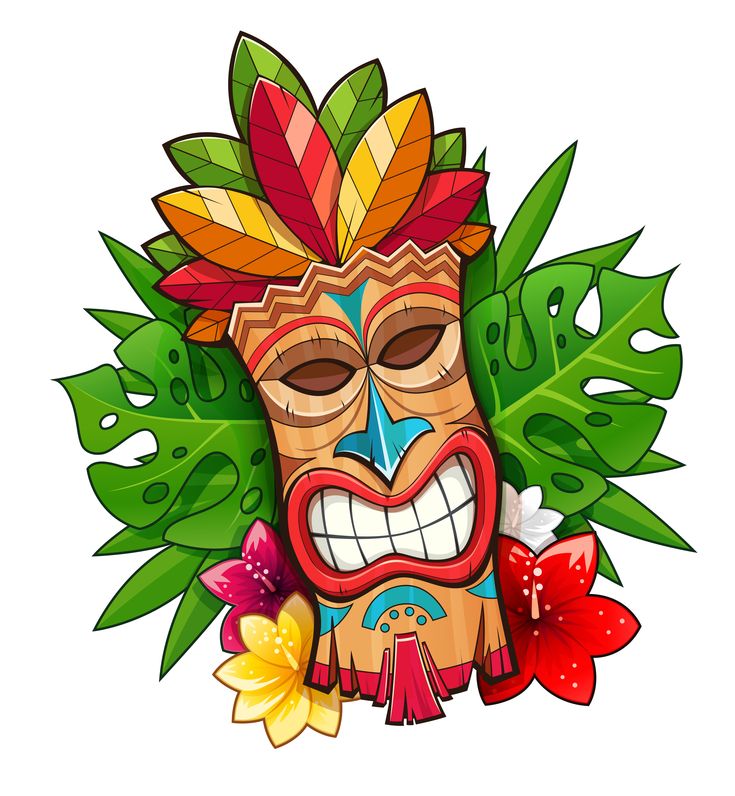 a tiki mask surrounded by tropical leaves and flowers