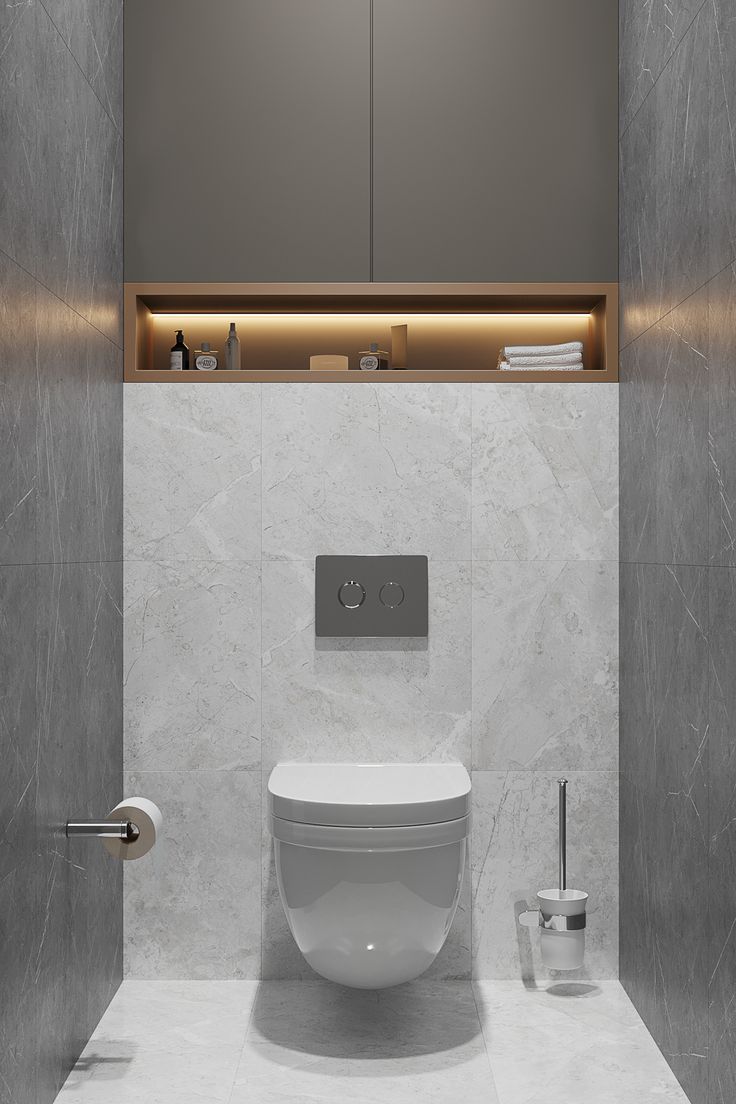 a white toilet sitting inside of a bathroom next to a wall mounted cabinet and towel dispenser