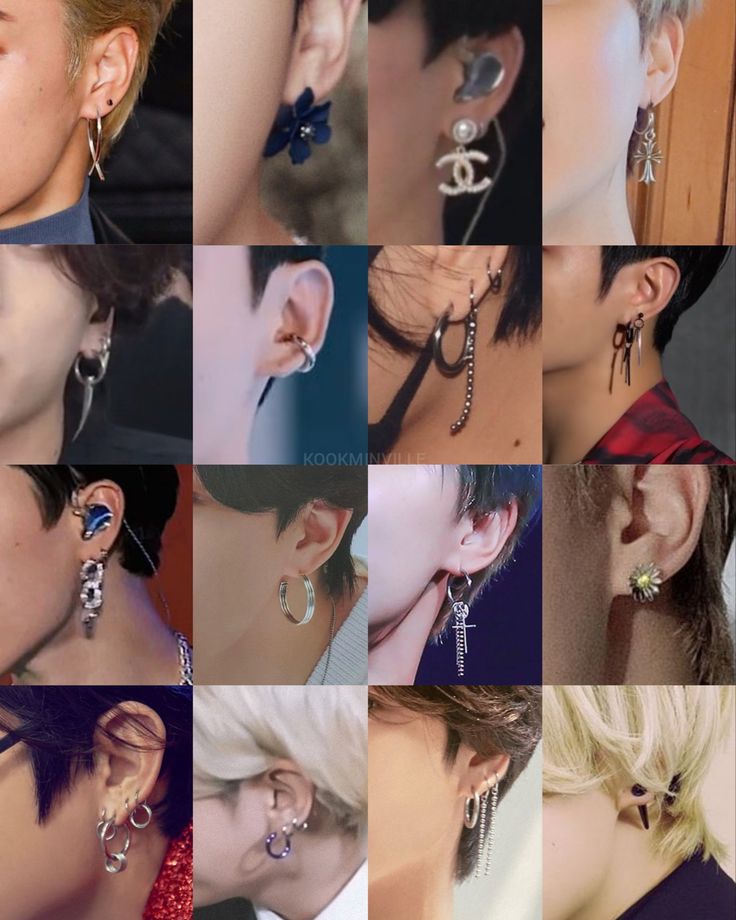 multiple images of different types of ear piercings on women's ears and neck