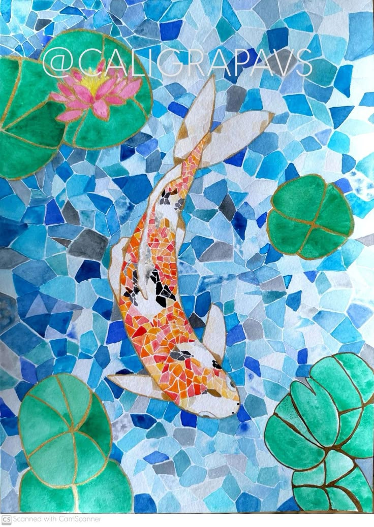 a painting of a koi fish and lily pads