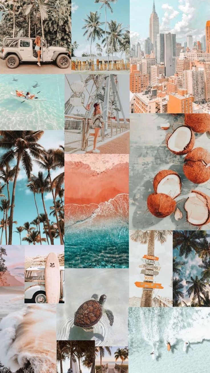 a collage of photos with palm trees and buildings