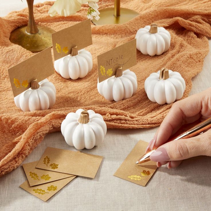 a person holding a pen and writing on some cards with small white pumpkins in the background