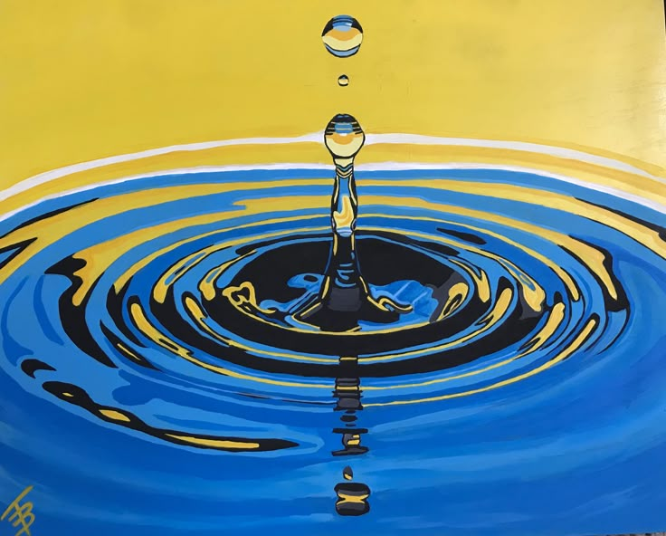 an oil painting of a water drop with yellow and blue background