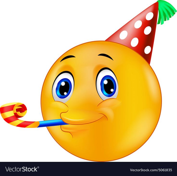 a smiley face with a party hat and a toothbrush