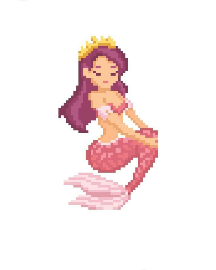 a cross stitch mermaid with purple hair and pink tail, sitting on the water's edge