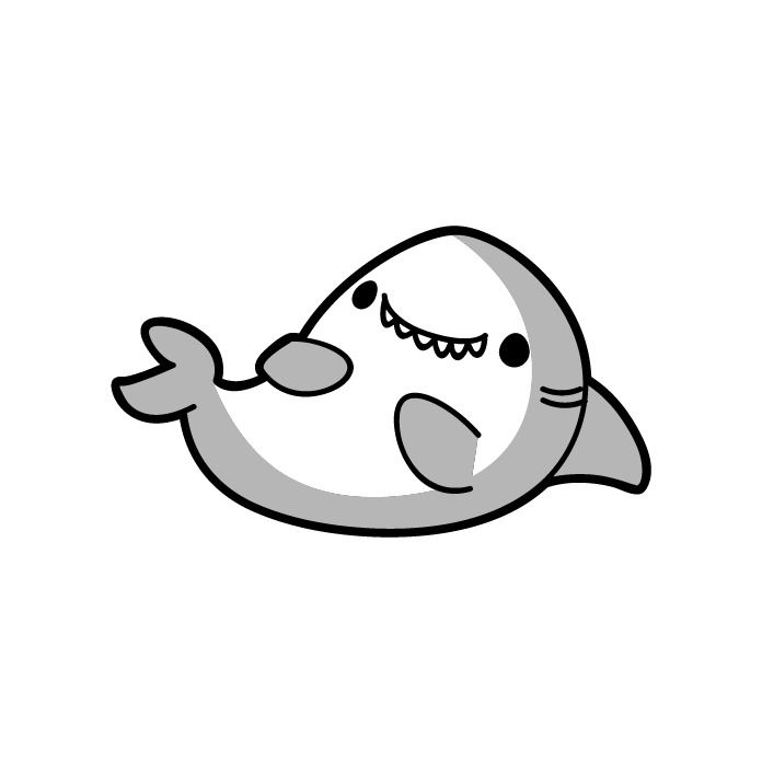 a drawing of a narwhale with eyes closed and mouth wide open, sitting in front of a white background