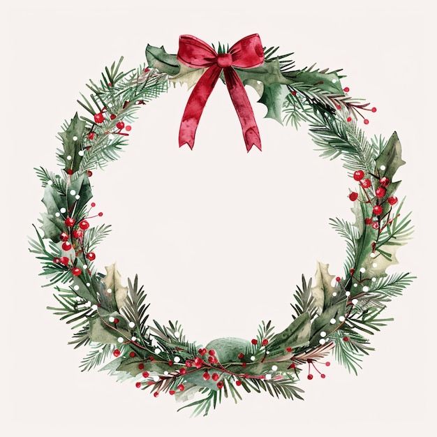 a watercolor christmas wreath with red bow