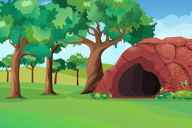 a cave in the middle of a green field with trees and bushes on either side