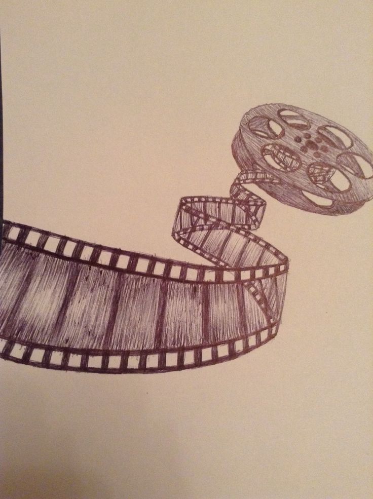 a drawing of a film strip with a camera on it's side and a movie reel in the middle