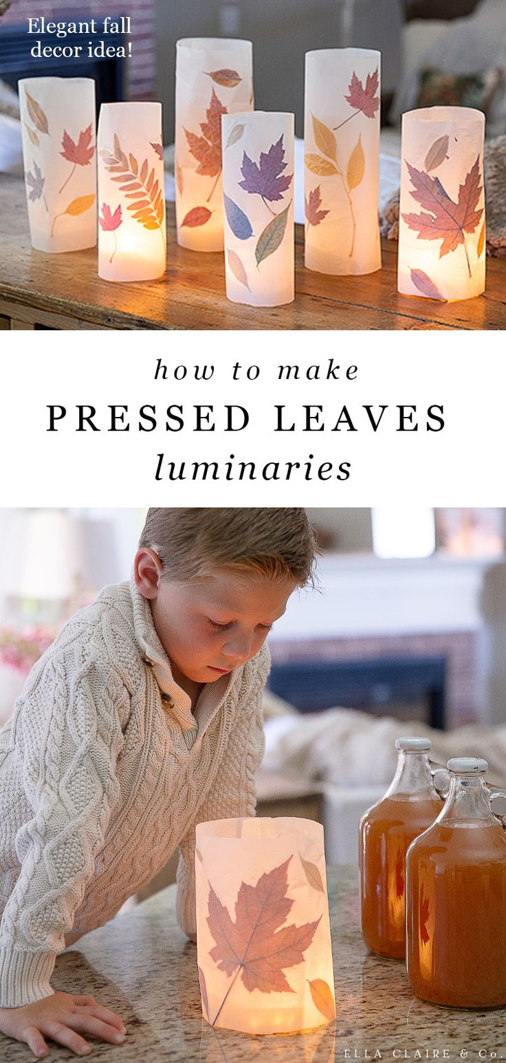 how to make pressed leaves luminaries with candles and paper lantern holders for fall