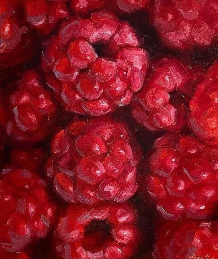 an oil painting of red raspberries