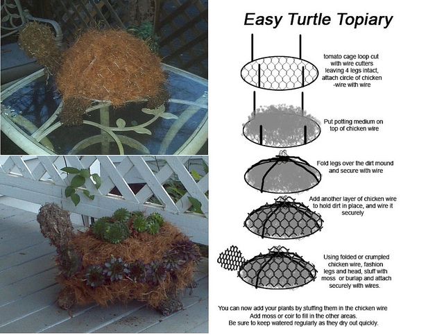 the instructions for how to make an easy turtle topiary with wire mesh and netting