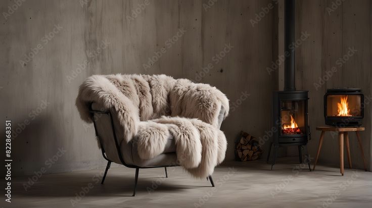 a chair that is sitting in front of a fire place with a fur coat on it