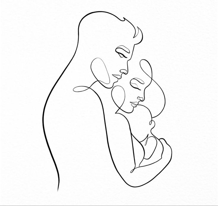 a line drawing of a mother holding her child in her arms and kissing her cheek