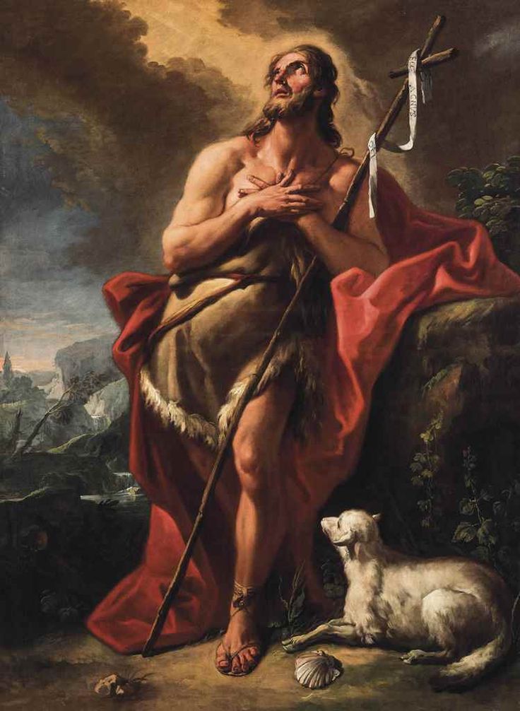 a painting of jesus holding the cross and standing next to a dog