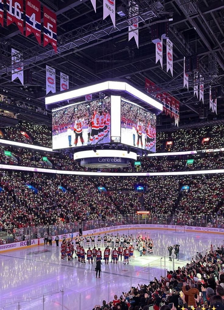 an ice hockey arena with lots of people watching