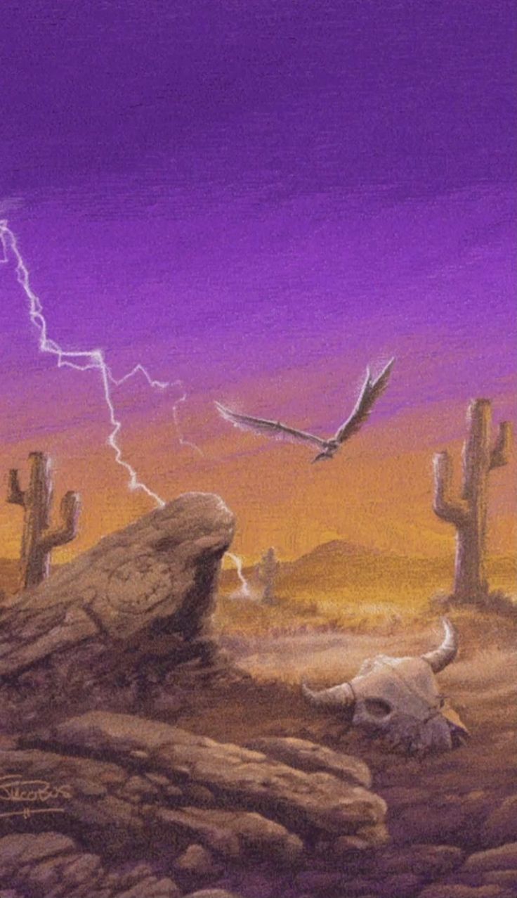 a painting of a desert scene with a bird flying over the rocks and cactus trees