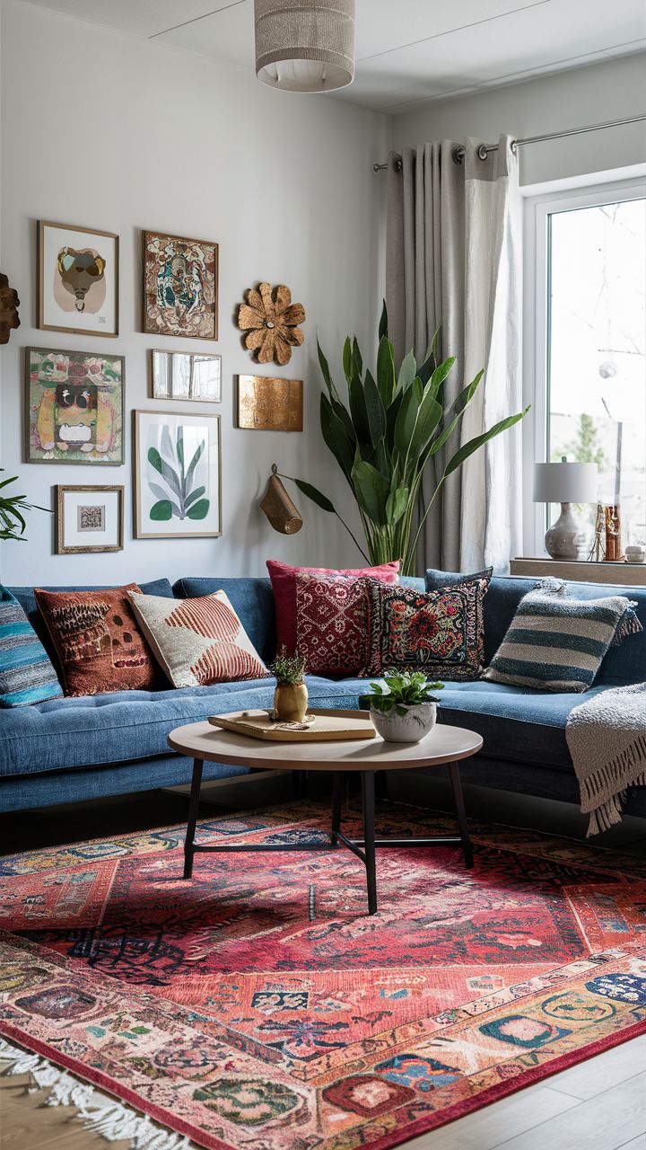 a living room filled with lots of furniture and pictures on the wall above it's coffee table