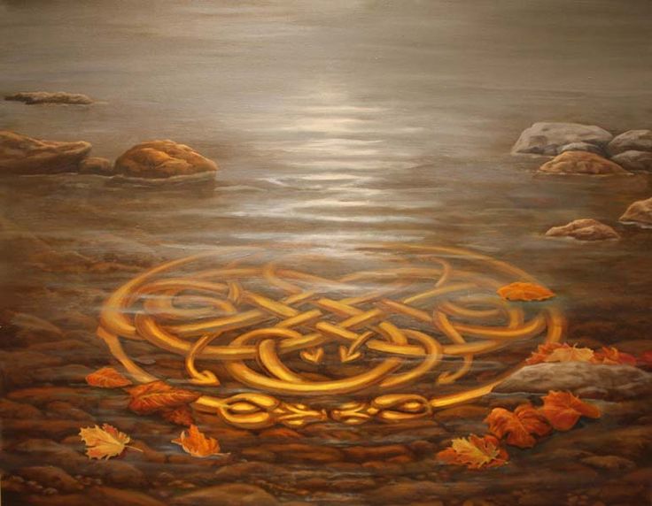 a painting with an intricate design on the ground and water in front of it, surrounded by autumn leaves