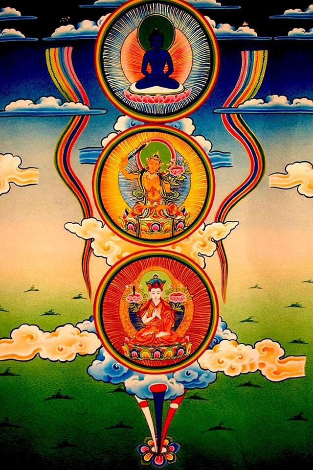 an image of buddhas in the sky with clouds and sun above them, as well as other images