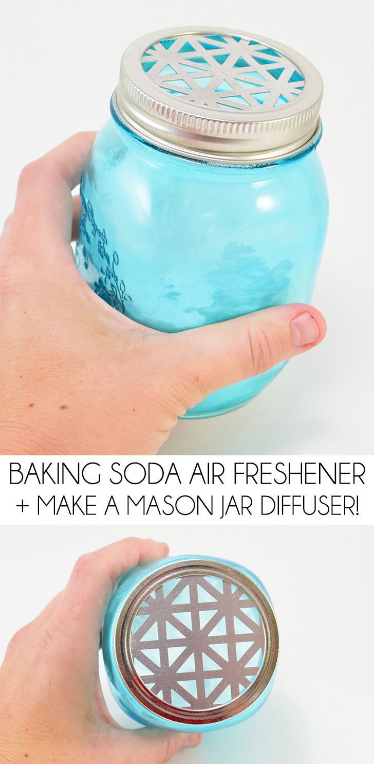 a person holding a mason jar with the words baking soda air freshener and make a mason jar diffuser