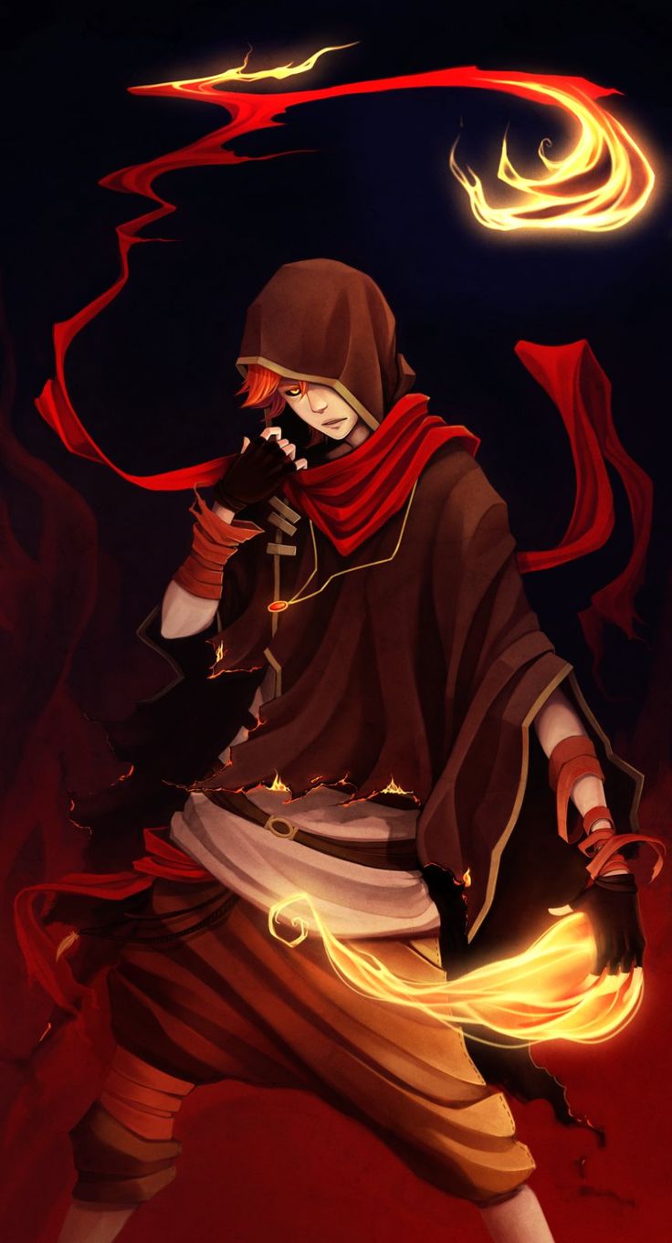 a person in a hooded outfit holding a knife and wearing a red scarf with flames coming out of it