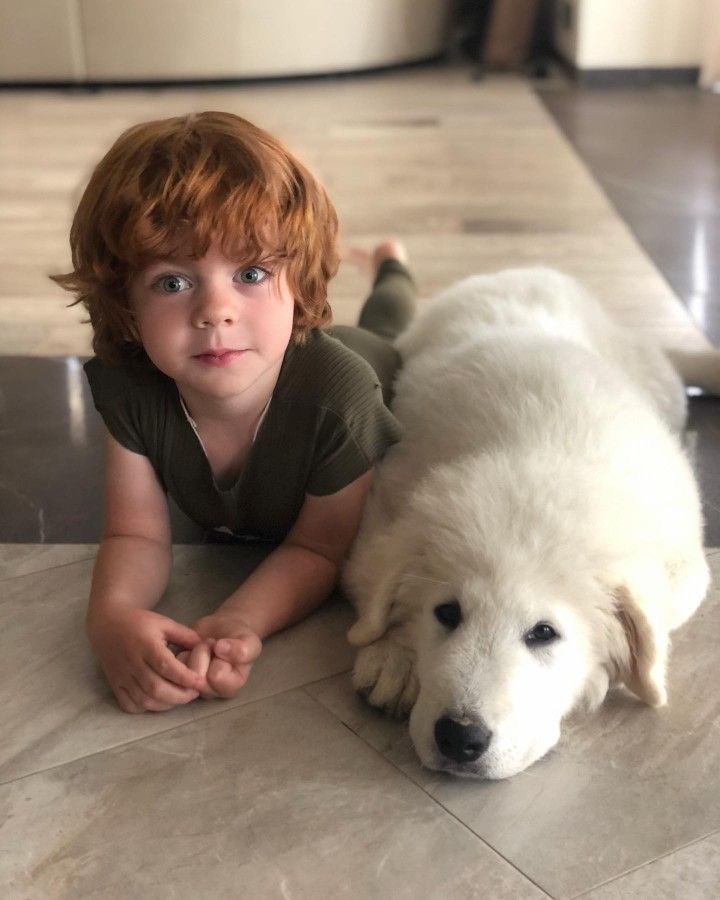 a young boy laying on the floor next to a white dog