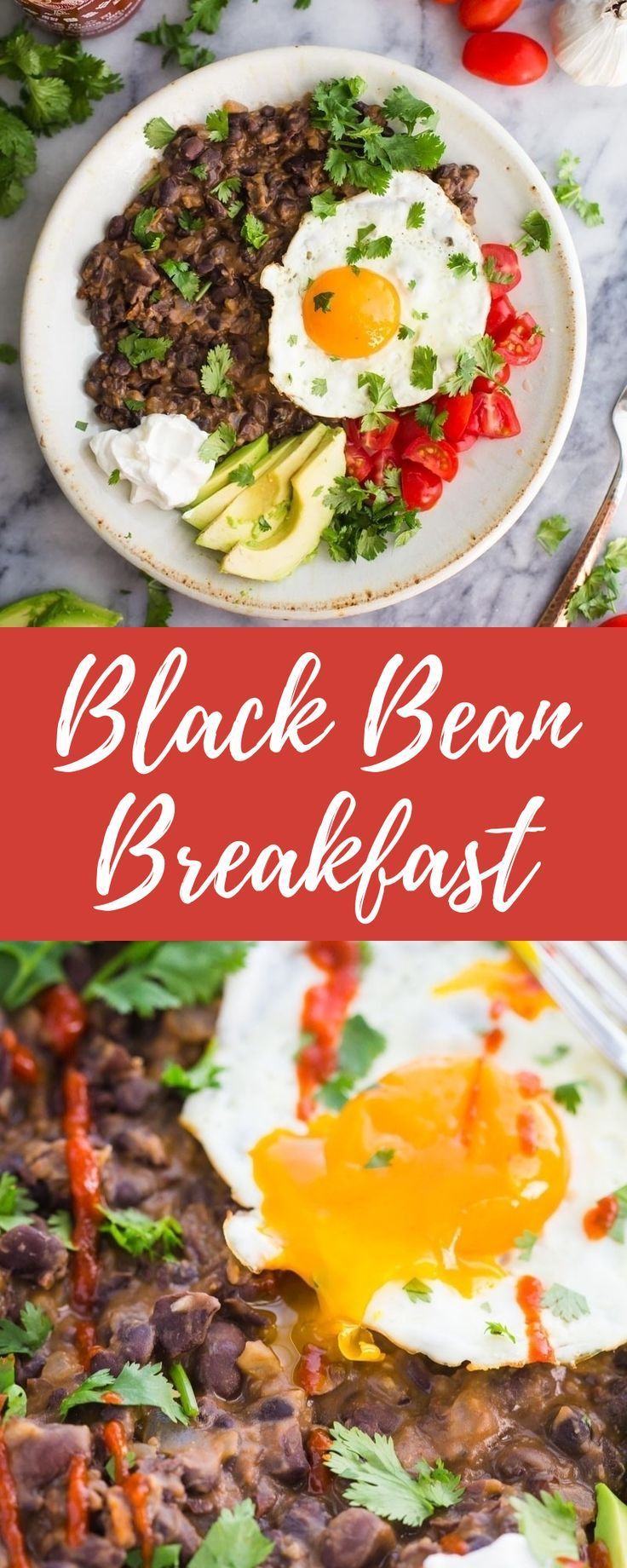 black bean breakfast with eggs, avocado and tomatoes on the side is shown