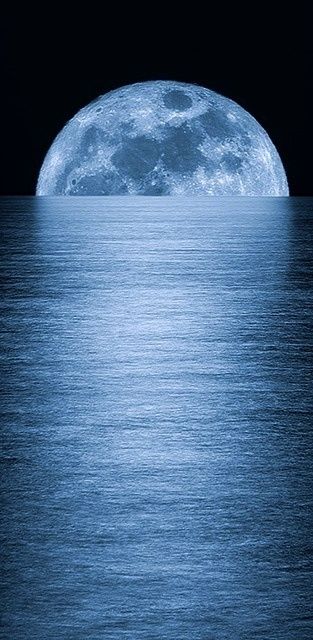 the full moon is reflected in the water on a dark night with blue hues