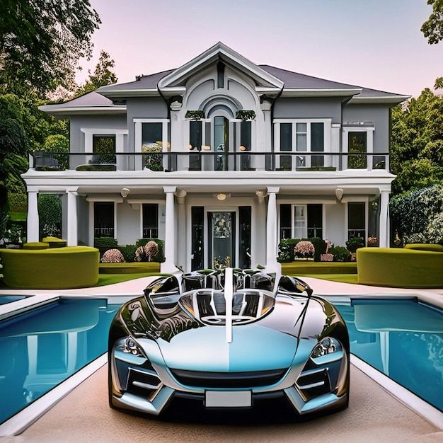 a blue sports car parked in front of a large house with a swimming pool next to it