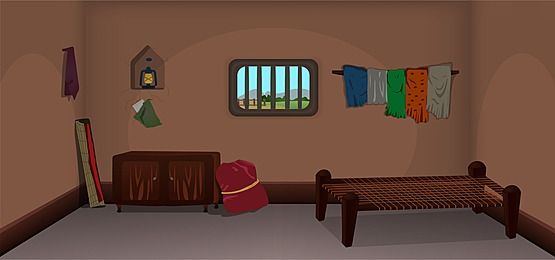 a room with a bed and some clothes hanging on the wall next to a window