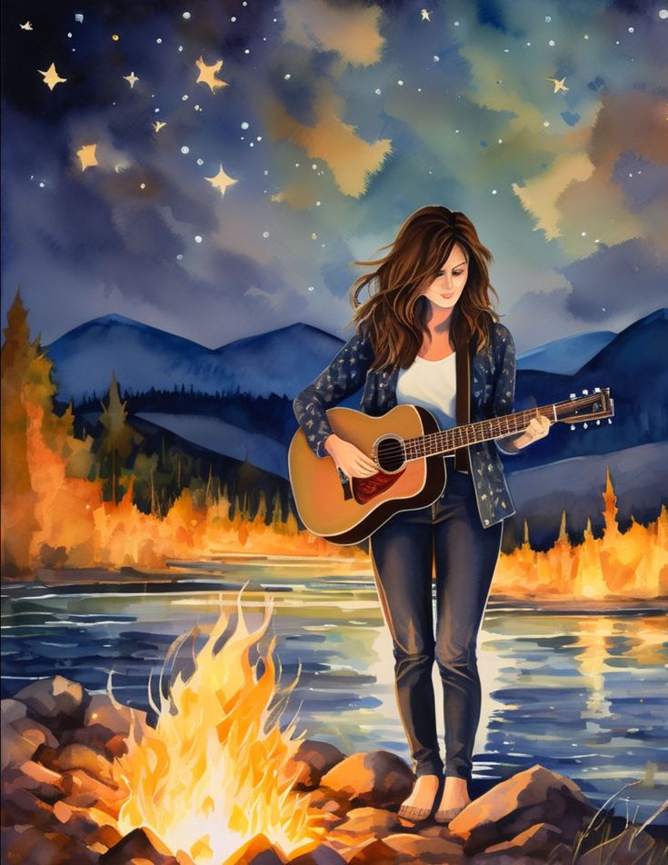 a painting of a woman playing the guitar near a campfire with mountains in the background