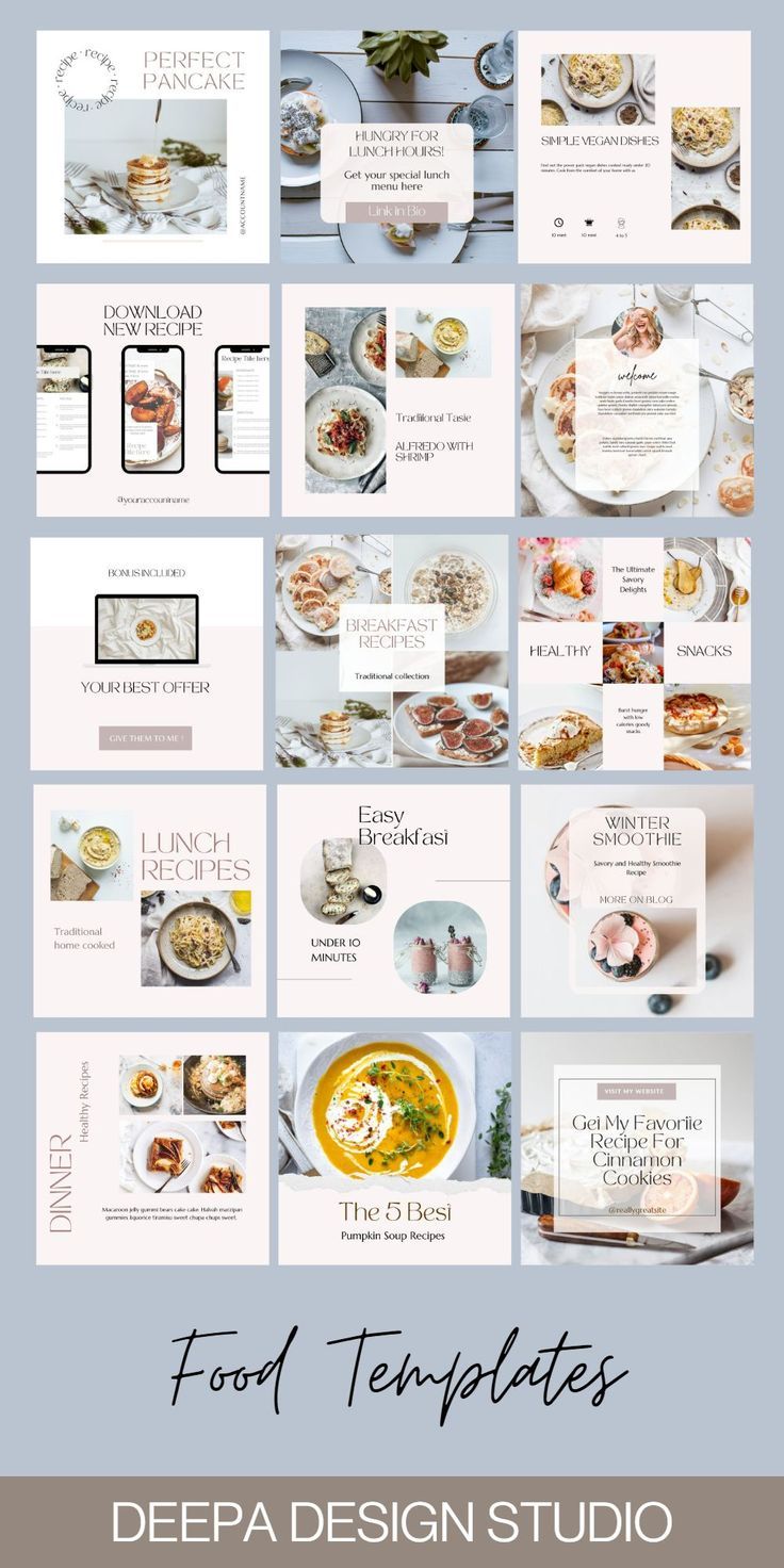 Food templates for Instagram Feed. Food Business Blogger Winter Lunch, Lunch Smoothie, Cookbook Template, Food Template, Perfect Pancakes, Food Instagram, Templates For Instagram, Food Business, Lunch Menu