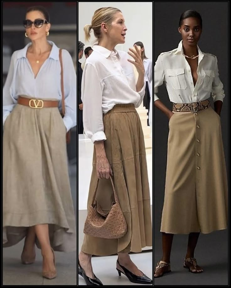 Khaki A Line Skirt Outfit, Midi Khaki Skirt Outfit, Elegant Khaki Skirt, Tan Long Skirt Outfit, Tan Midi Skirt Outfit, Elegant Fitted Khaki Skirt, Elegant Beige Daywear Skirt, Elegant Beige Buttoned Skirt, Camel Skirt Outfit