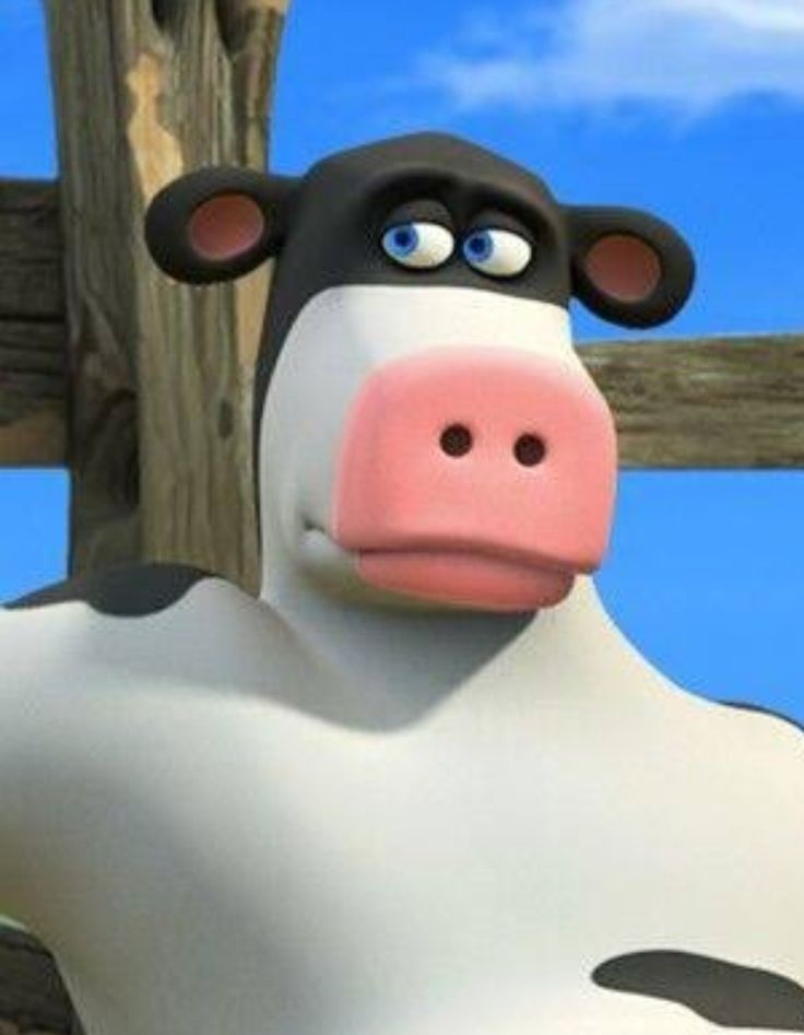 a close up of a cartoon cow near a wooden fence with blue sky in the background