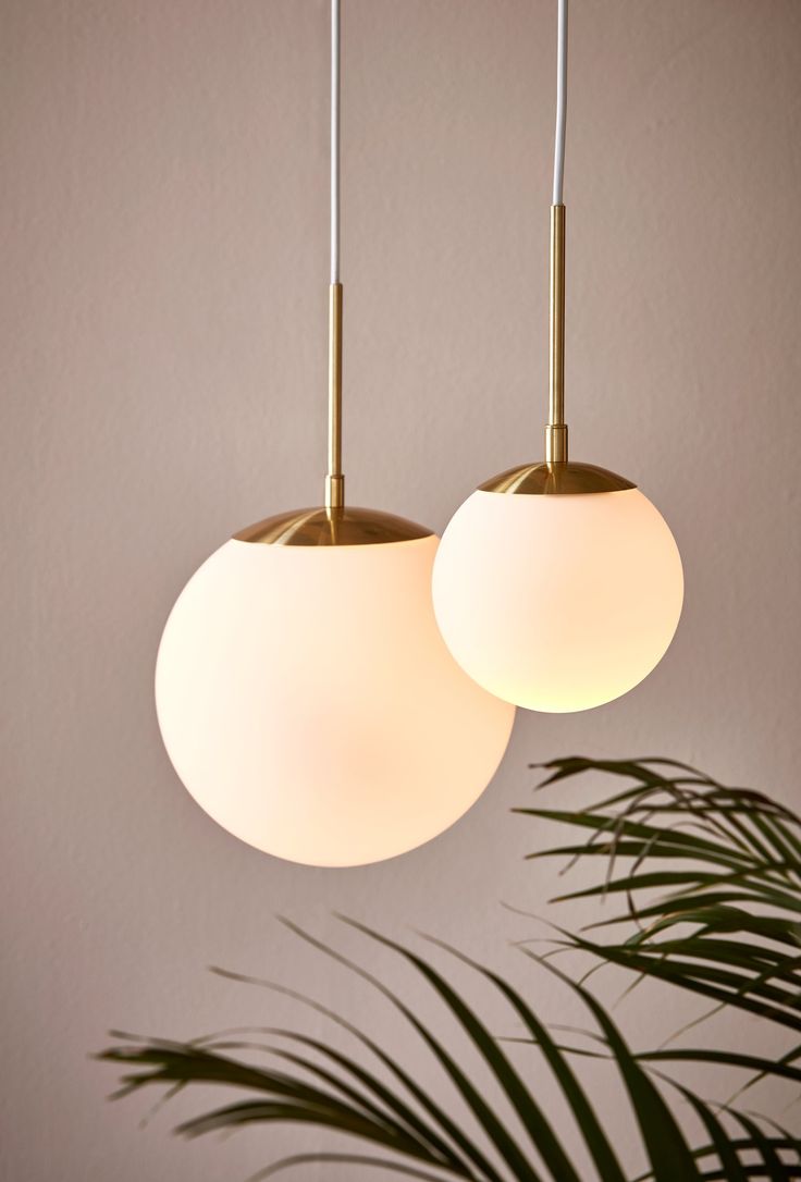 two lights hanging from the ceiling next to a plant