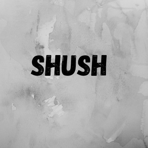 the word shush written in black ink on a white paper textured background with watercolor stains