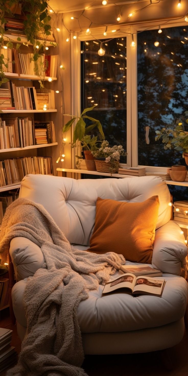 a white couch sitting in front of a window filled with books and lights next to a book shelf