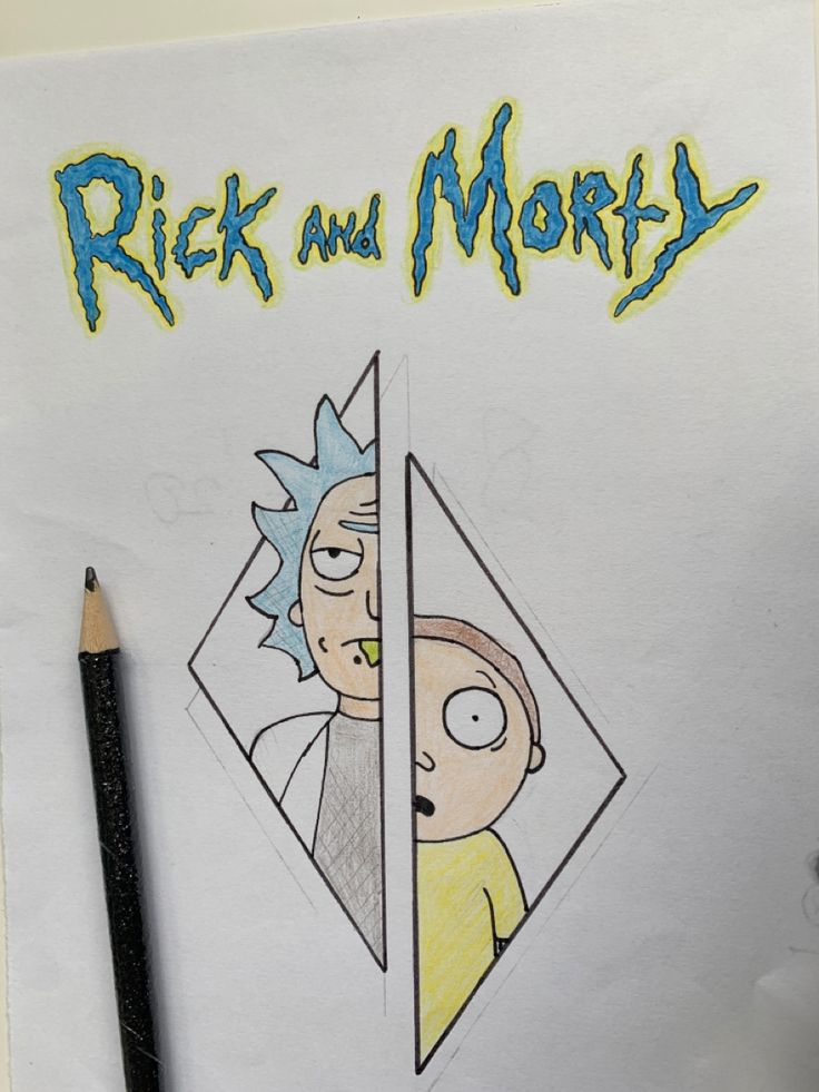 a drawing of rick and mort on a piece of paper next to a black pencil